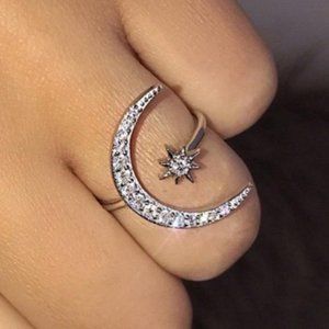 NEW SILVER DIAMOND MOON STAR ADJUSTABLE RING